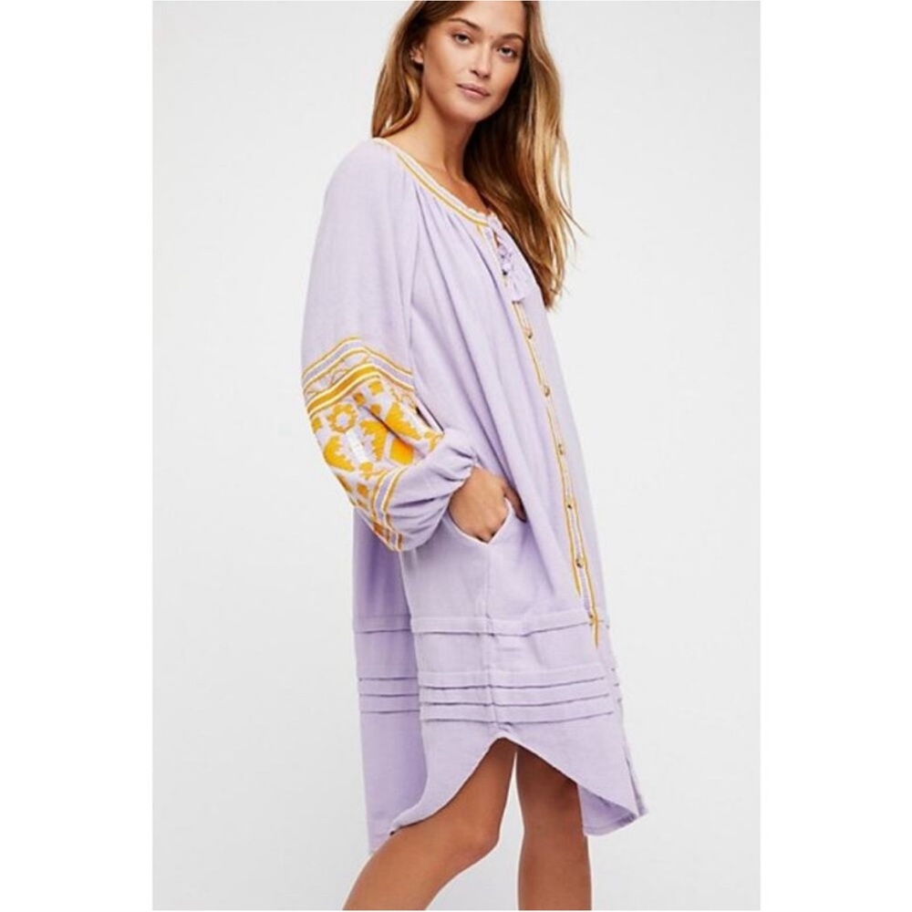 NWT Free People Lavender Dress With Yellow Embroidery in the clear
